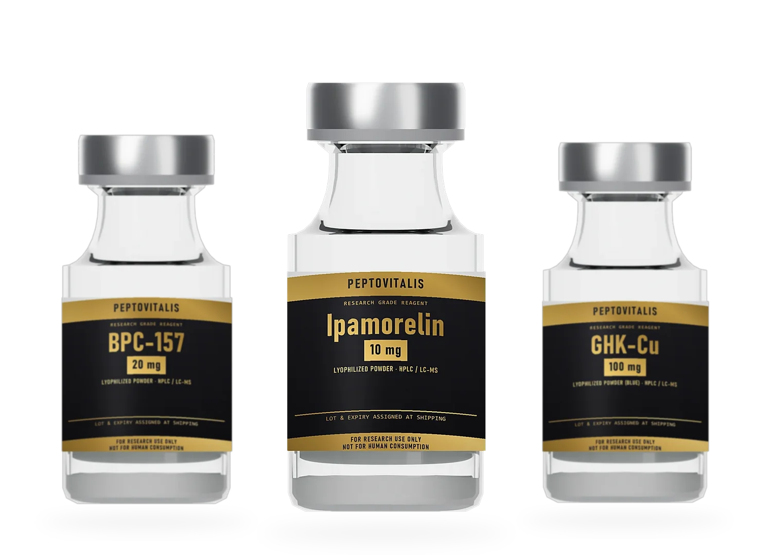 Three PEPTOVITALIS vials: Ipamorelin, BPC-157 and GHK-Cu
